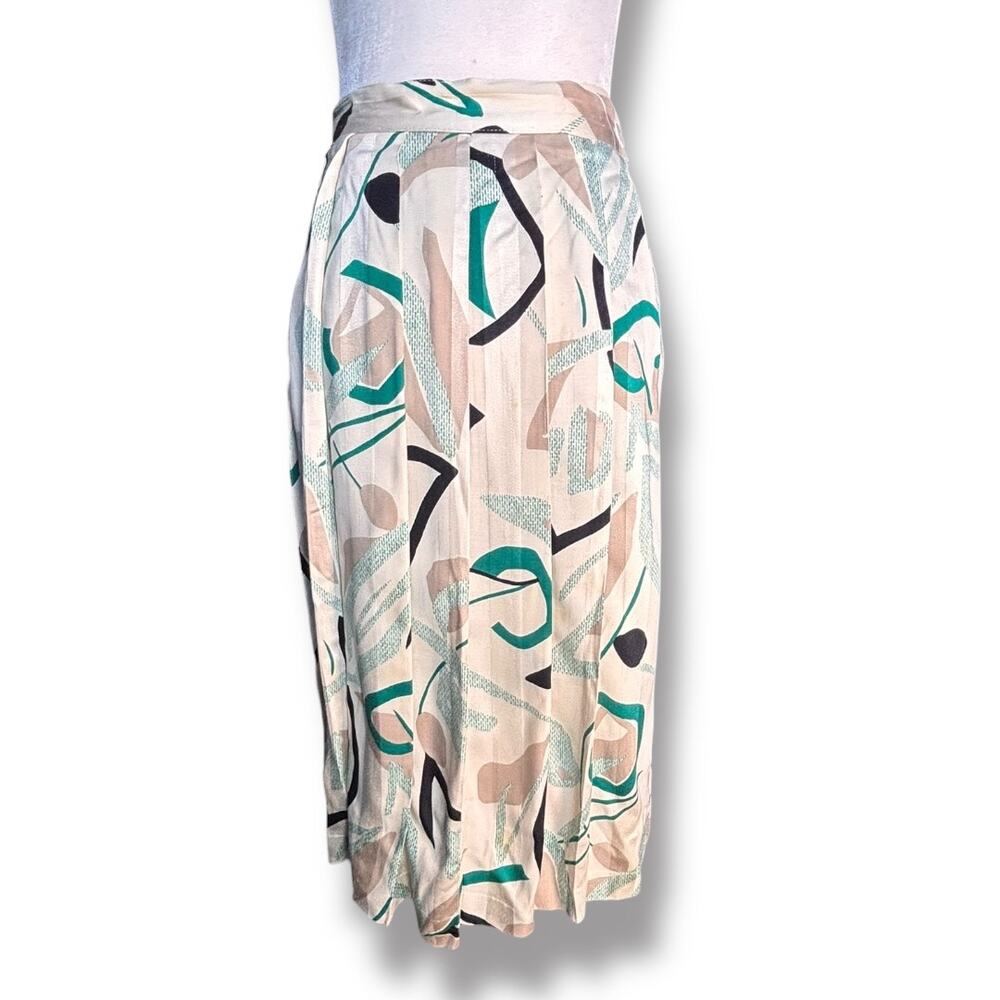 Vintage Abstract Pleated Flowing Midi Skirt Green Beige Geometric Rayon Artsy